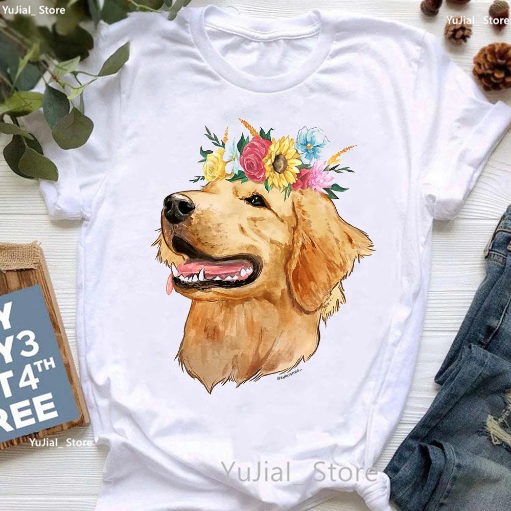Golden Retriever Hunting Dogs Animal Print T Shirt For Girls Australian Shepherd Dog With Flower Tshirt Unisex Harajuku Shirt