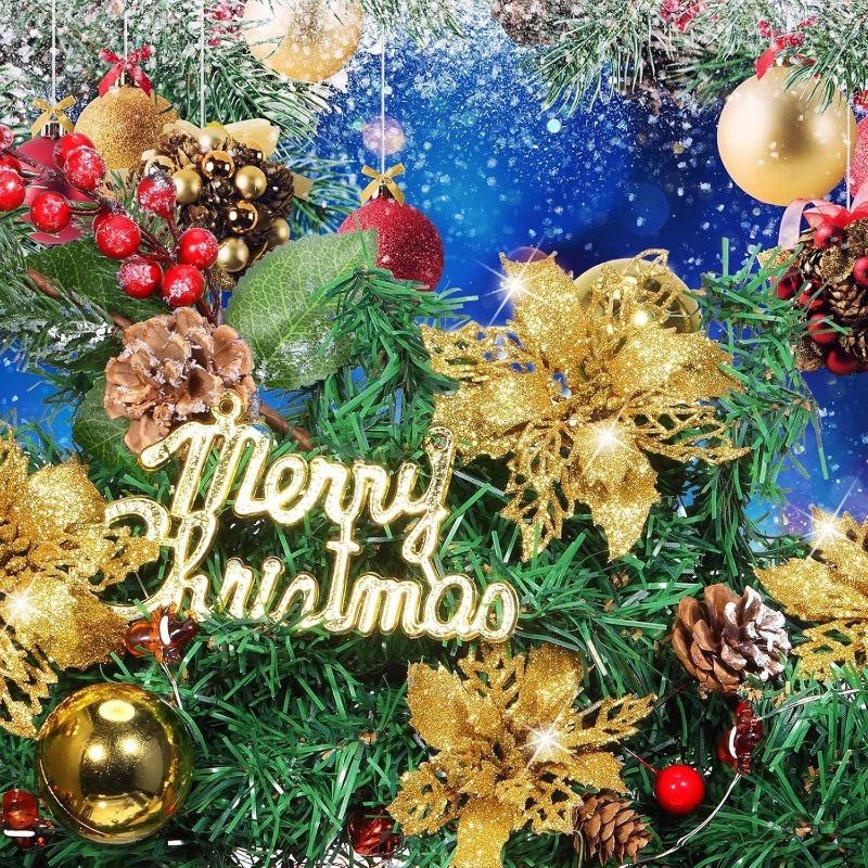 5Pcs Gold Christmas Sparkling Flowers Heads For Xmas Tree Hanging Ornament Home Room Decor Party DIY Wreath New Year 2025 Gifts