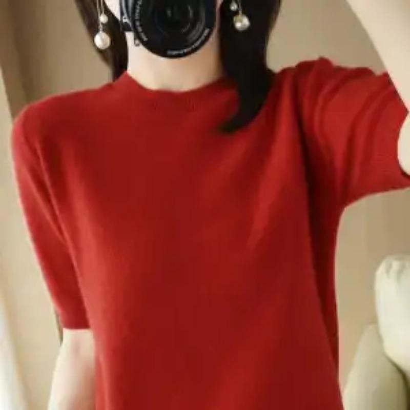 Women s Camel Crew Neck Knit Top Half Sleeve Casual Soft Sweater S красный