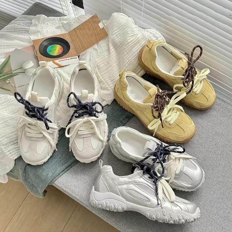 Outdoor Walking Jogging Athletic Running Shoes Strapped Casual Shoes Women Sneakers Vintage Leather Knitted Fabric Trainers