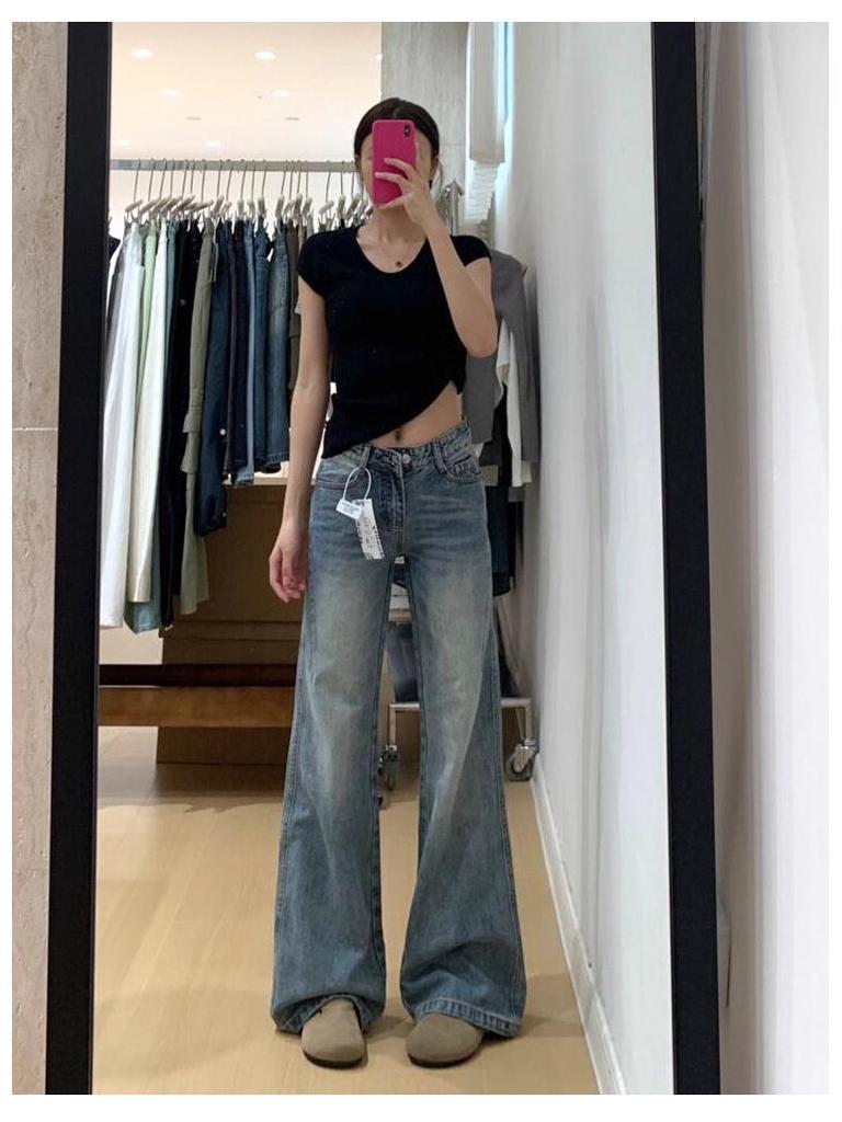 Women's 2025 American Retro Low-Waisted Micro-Flare Jeans - Loose, Slim, Straight Leg, Floor-Length