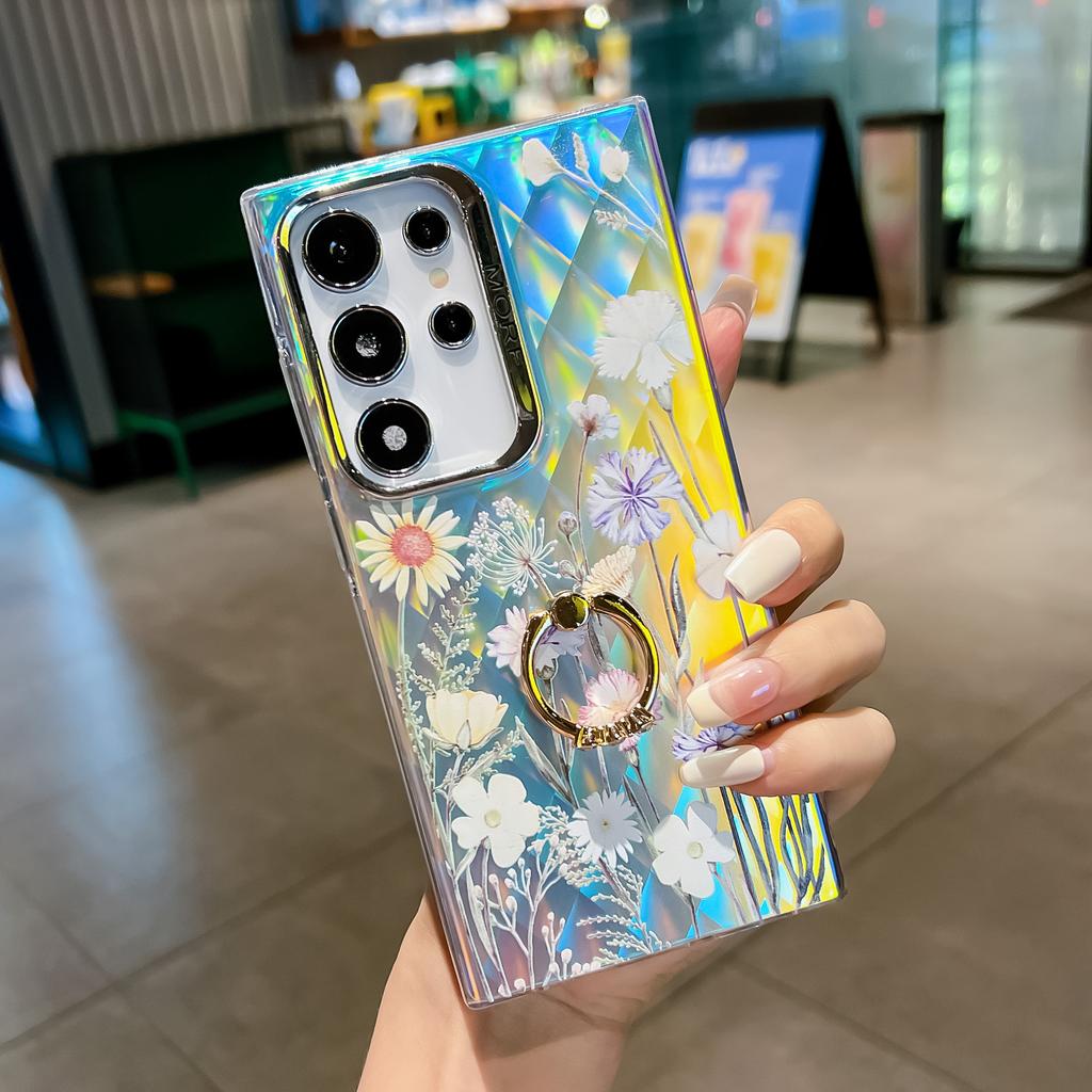 Electroplated Laser Flower Imd with Ring Buckle Bracket S24 Mobile Phone Case S25Ultra Anti-drop All-inclusive A56 Hard Case