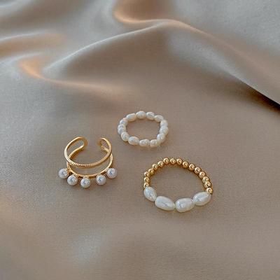 Dongdaemun Irregular Pearl Circle Three-Piece Ring Set for Women