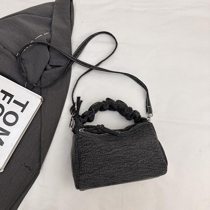 Korean Style Chic Denim Pleated Embroidered Crossbody Bag for Women