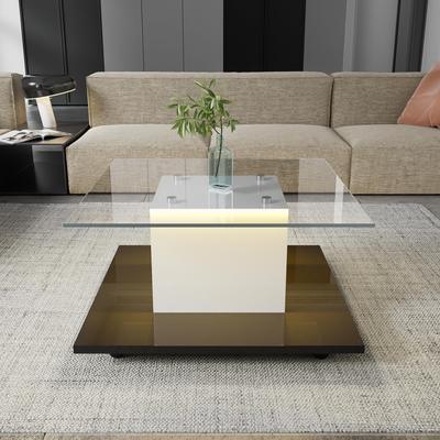 Coffee Table Made of High-gloss Glass, Movable Table with Swivel Castors, Tempered Glass Top, Adjustable LED Light Strip, White and Black