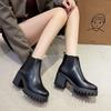 Fashion 2024 New Winter Casual Comfortable Thick Bottom Round Head Black Sexy Elegant British Style Warm Square Heel Short Boots