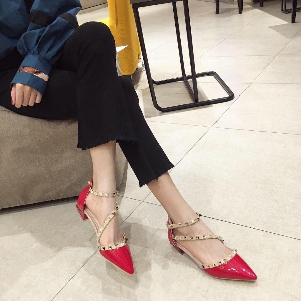 2025 Spring Summer Shoes Women Low Heels Fashion Brand Pointed Toe Rivets Elegant Ladies Heel 3cm Black Red Plus Size 41