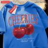 Damen Baumwolle Gewaschene T-Shirts Trend O-Ausschnitt Distressed Tops Frischer Roter Kirschen Druck Kurzarm Sommer Straße Damenkleidung