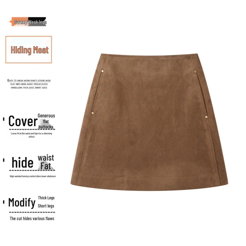 Melard Women's Brown Suede Petite A-line Skirt, Plus Size, Spring & Autumn Hip-Hugging Short Skirt