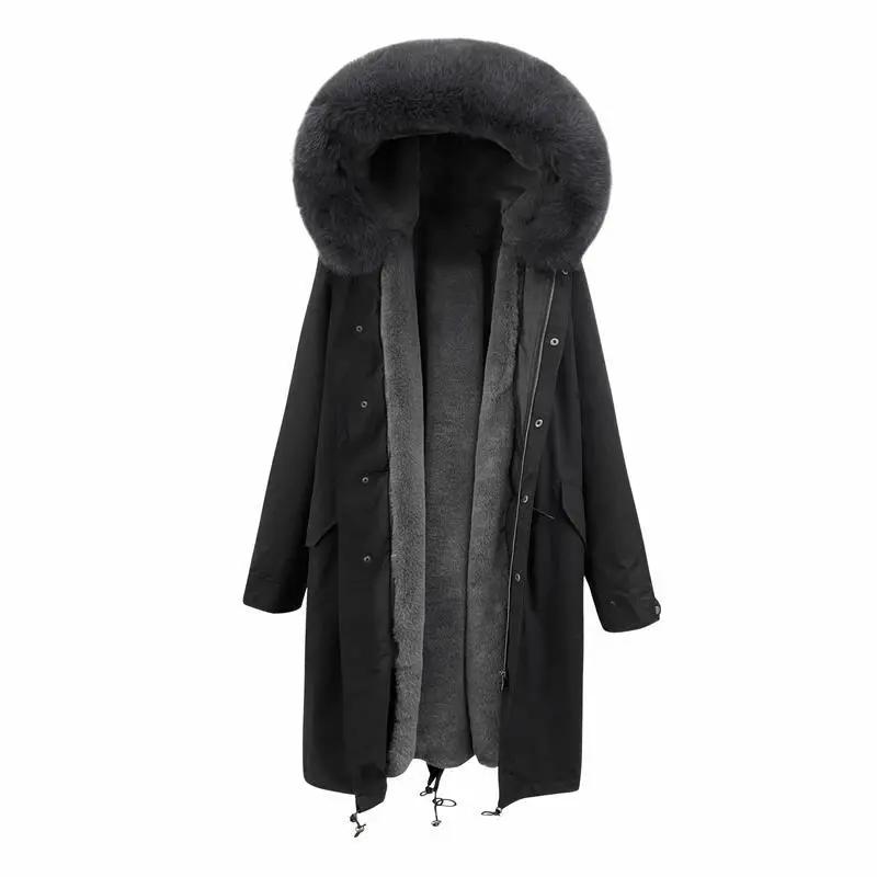 WTEMPO Autumn Winter Women Loose Detachable Faux Fur Lining Coats Large Size Solid Color Casual Hooded Jackets Women's Warm Long Parkas