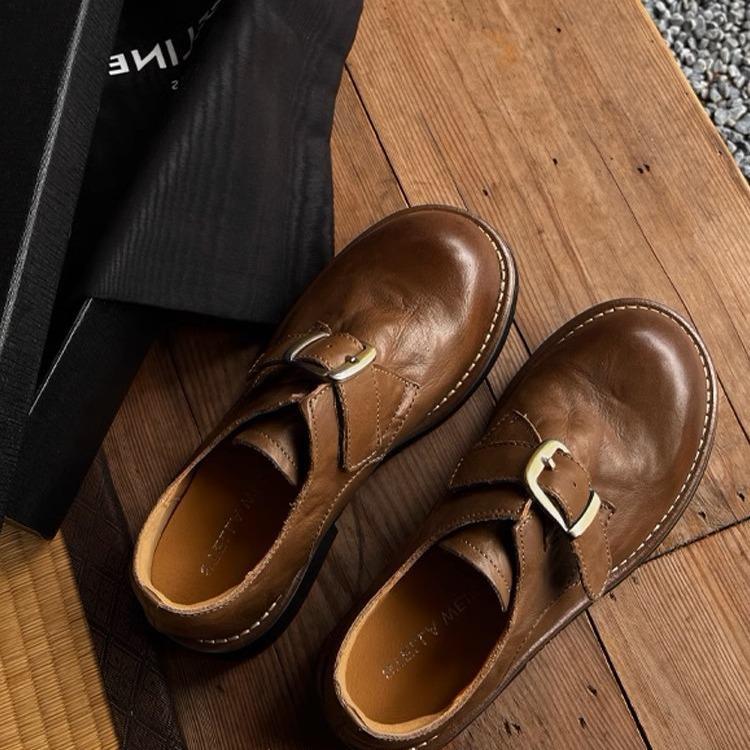 American Girl Retro Leather British Style Platform Small Leather Shoes Women's Belt Buckle One Pedal Women's Single Shoes Loafers Women's