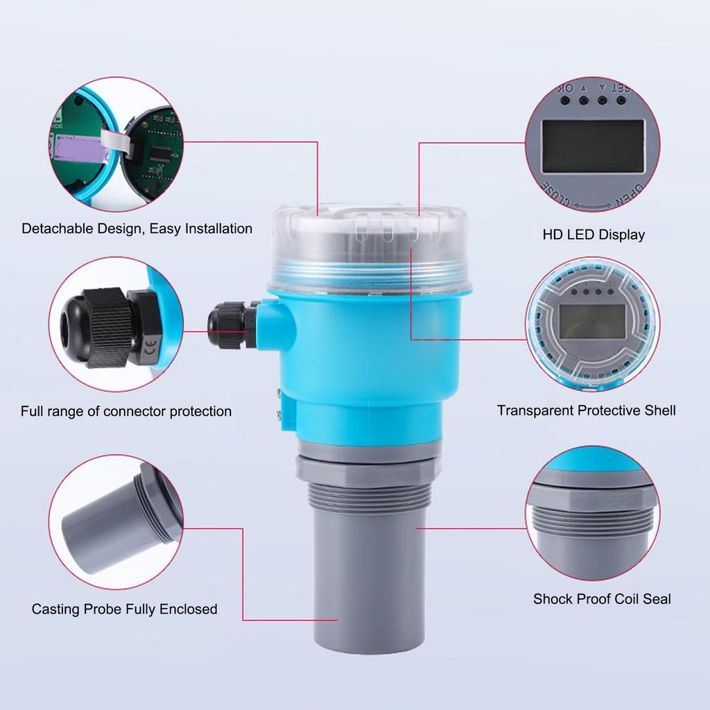 Niveau d'eau ultrasonique DC24V Mètre de niveau de profondeur d'eau et de liquide avec affichage LED et étanche Mètre de niveau de profondeur de liquide multifonctionnel pour aquarium