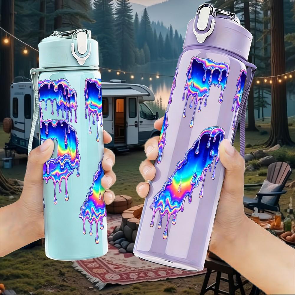 1PC Rainbow Glitch Number Six Seven 750ml Color Plastic Sports Water Bottle Leakproof Flip Straw Lid Suitable for Sports Office Home Use