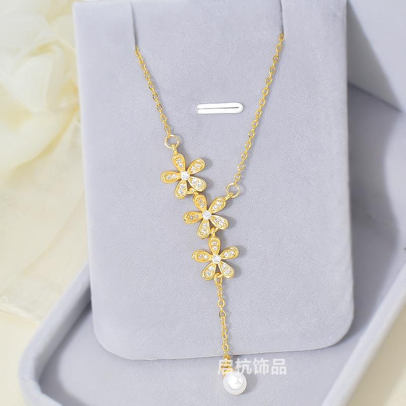Flower Tassel Necklace Women'S Light Luxury Design Sense Simple And Fresh Versatile Micro-Inlaid Collarbone Chain Accessories