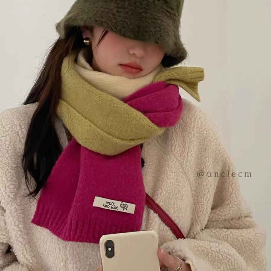 

New Winter Three Color Contrasting Scarf for Women Woolen Knitted Warm Shawl Trendy Universal Scarf for Men Versatile