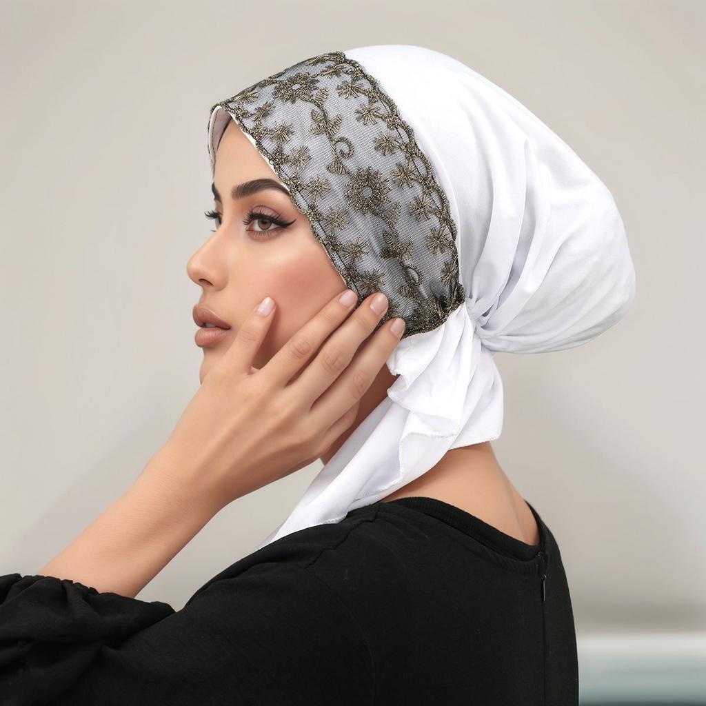 New Solid Lace Hijab Hats Head Wrap Linen Scarf Muslim Turban Bonnet For Women Inner Hat Fashion Female Elegant Elasticity Caps
