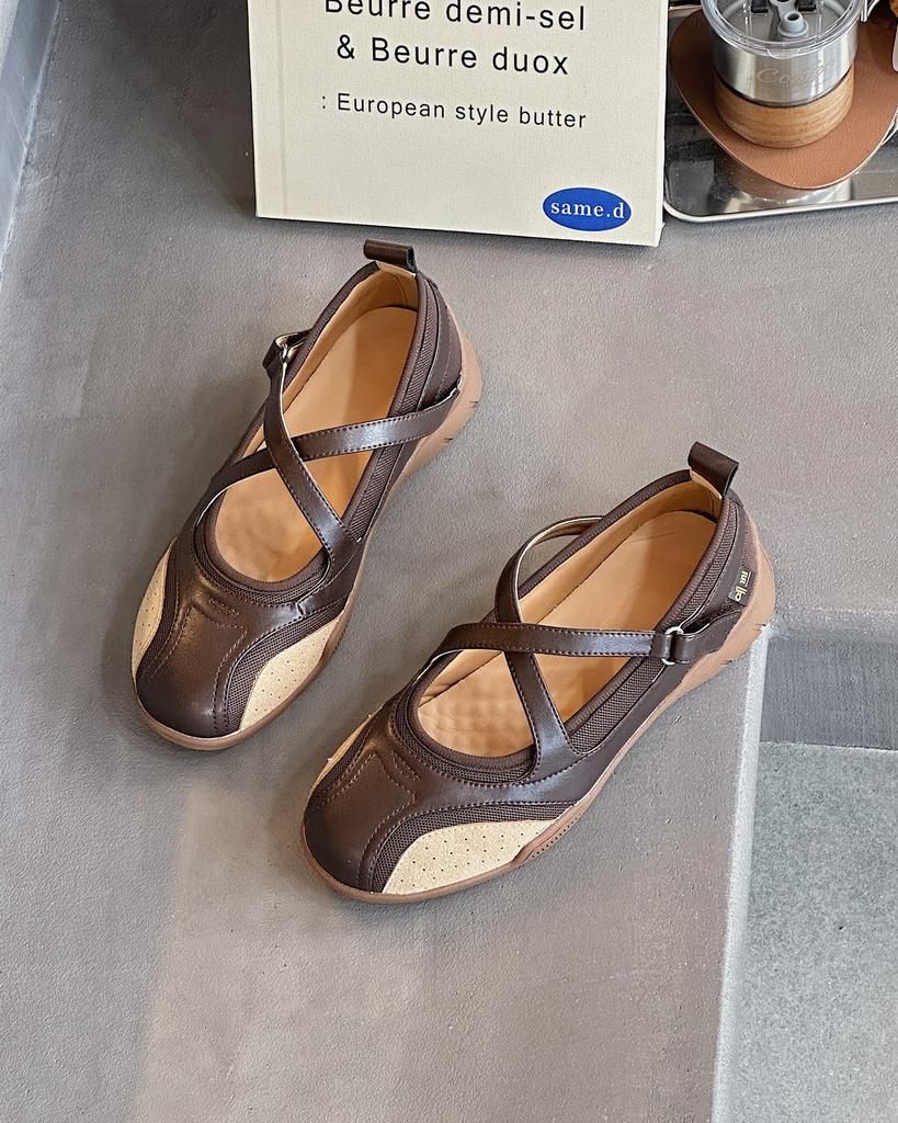 Leather cross-strap ballet training shoes women's 2025 spring and autumn new shallow single shoes casual sports Mary Jane shoes