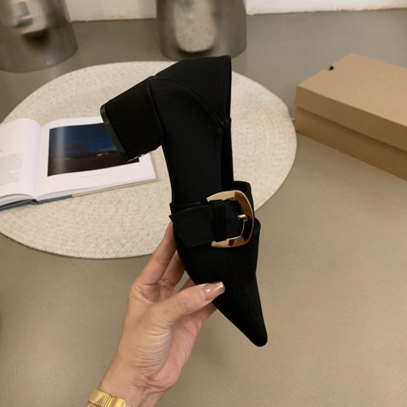 2026 Autumn Deer hide velvet Mary Jane shoes - French retro pointed-toe shallow-toe high-heeled single shoes with belt buckle