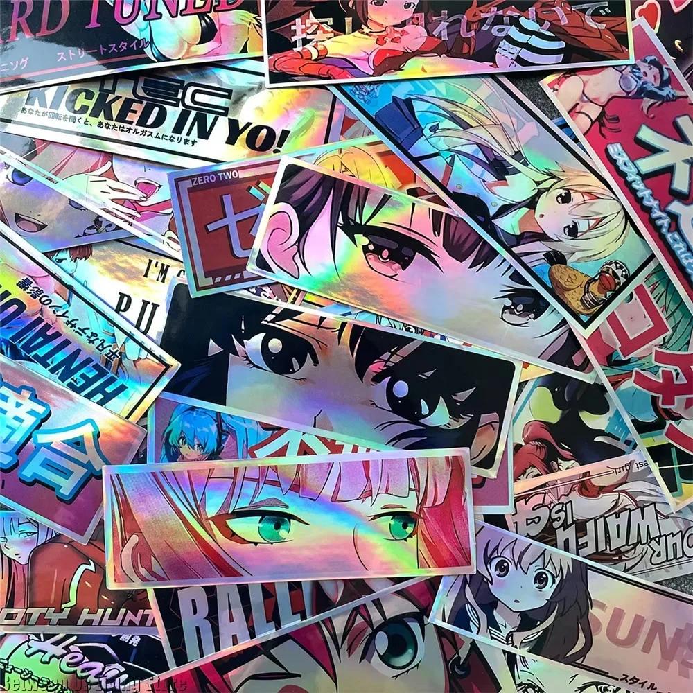 32PCS 12cm Long JDM Anime Girl Car Stickers Laser Rainbow Auto Window Windshield Motorcycle Body Moto Helmet Accessories Decals