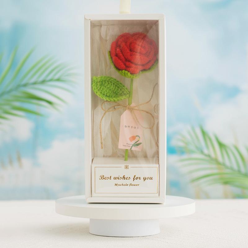 1Pc finished wool hand-crocheted rose artificial flower gift bouquet with box, for home decoration holiday party gifts, Halloween and Christmas gifts