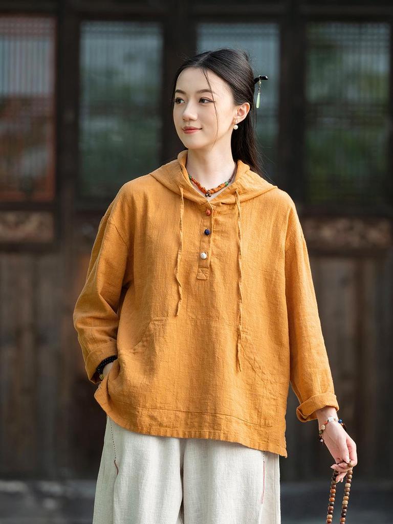 Artistic Retro Women's Long-Sleeved Hooded Linen Pullover Sweatshirt - Loose Casual Washed Cotton Top