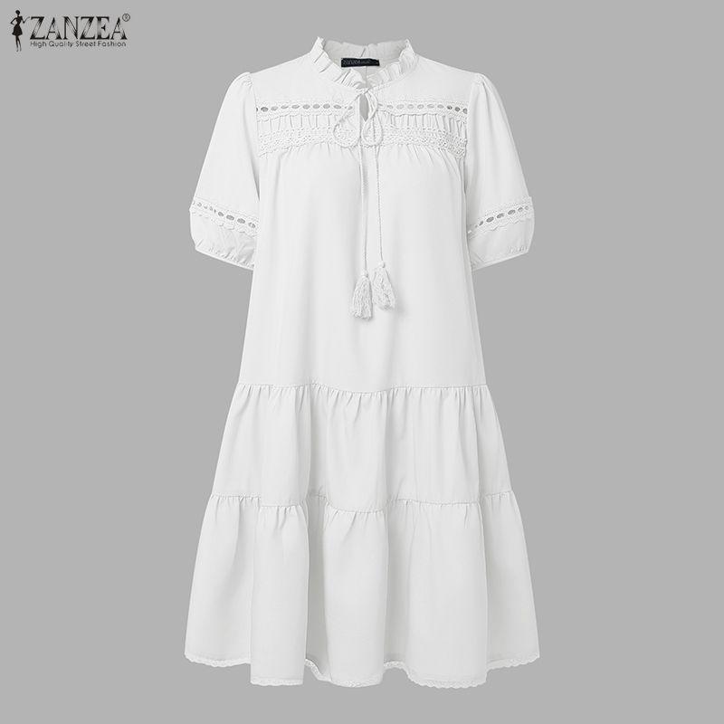 ZANZEA Women Casual Round Neck Short Sleeve Lace Patchwork Dress