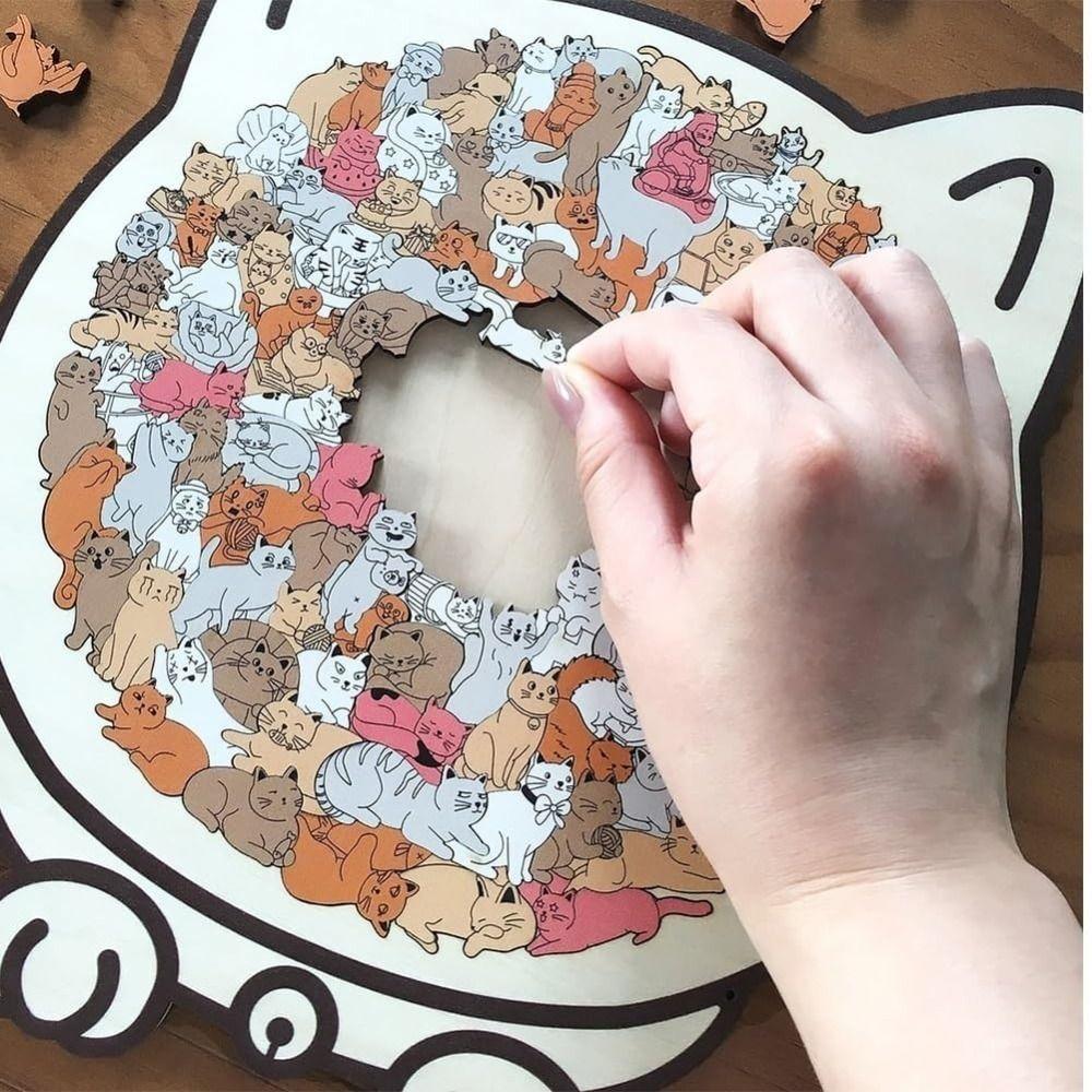 Macaron Color Cat Wooden Jigsaw Puzzle with Cat Silhouette Frame Animal Cats Decorative