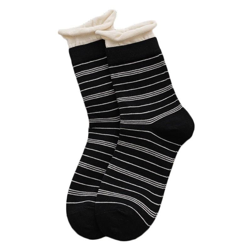 Socks Pure Cotton Boneless Medium Tube Socks Spring And Autumn Thin Hong Kong Style Retro Crimped Striped Cotton Stacking Socks