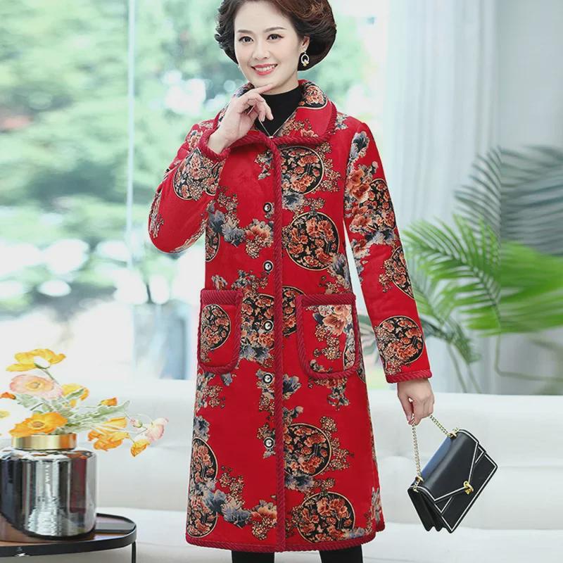 Warm Floral Crystal Velvet Coat for Middle-aged and Elderly Women