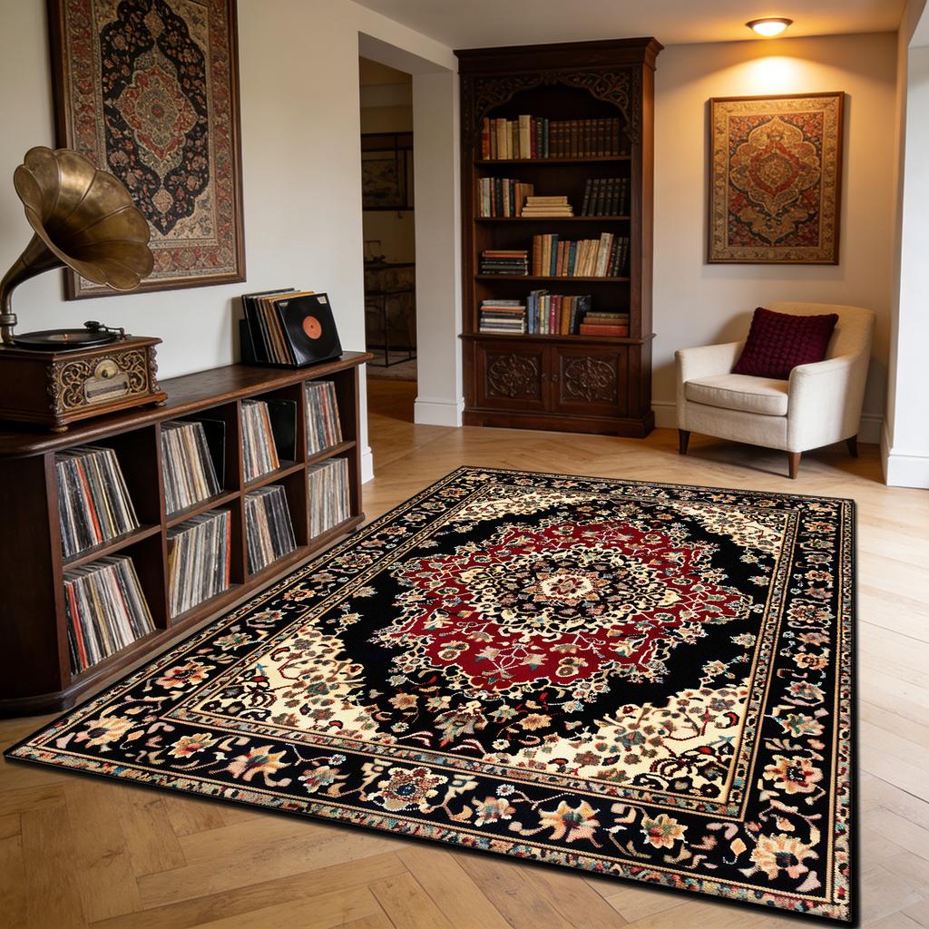 Red Black Vintage Persian Non-slip Fluffy Rug Decoration Locker Room Stain Resistant Mat Large Area Short Velvet Sofa Carpets