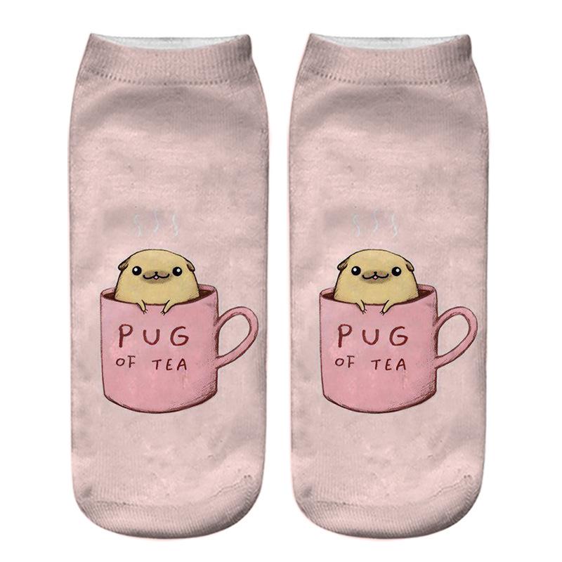 Kawaii 3D Pug Dog Print Short Socks Cotton Fashion Cute Japanese Soft Women Kawaii Animal Dogs Slippers Socks