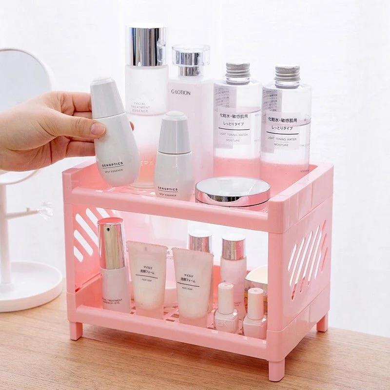 1PC PP Desktop Double Layer Storage Rack Rectangular White Organizing Student Desk Office Cosmetics Stationery Drawer Organiser