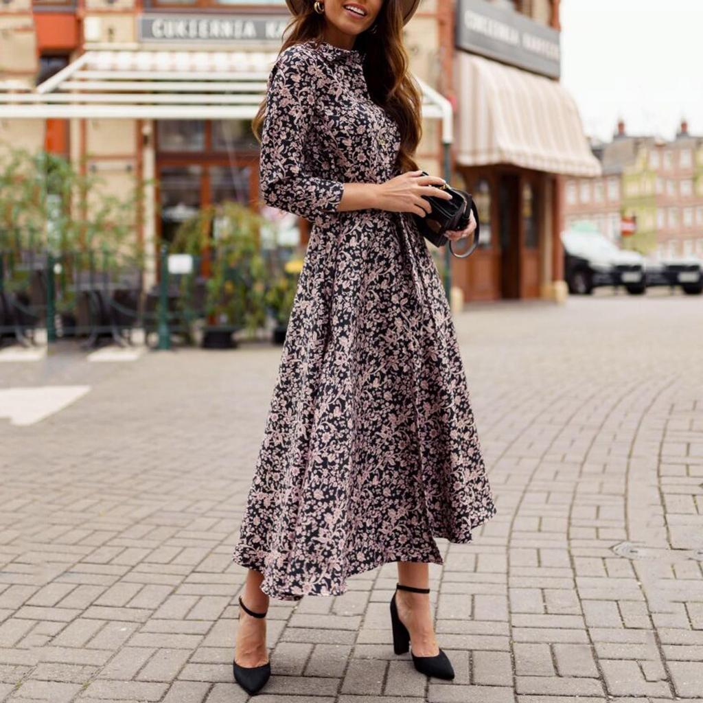 Women Leopard Chiffon Long Sleeve Printing Casual Party Vintage Boho Maxi Dress
