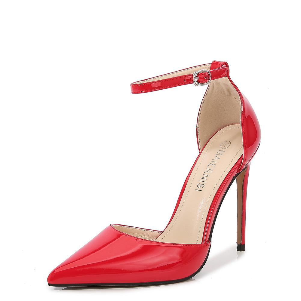 12cm Style High Heels Buckle Belt Simple Metal Thin Heel High Heel Shallow Mouth Pointed Hollow Sexy Single Shoes WZ