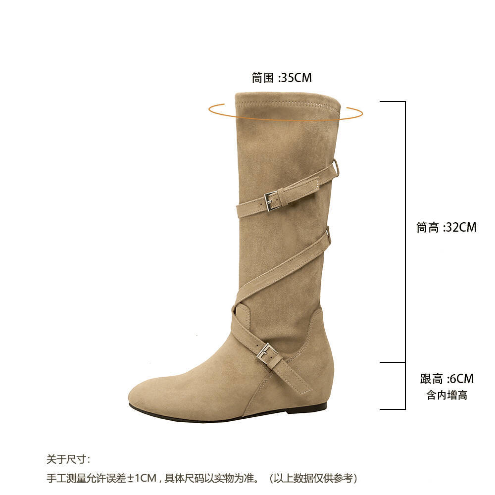 

Grape mother, the same style increases by 6cm~ Korean round head versatile buckle with soft folds and thin thick-soled medium and high boots for women 40