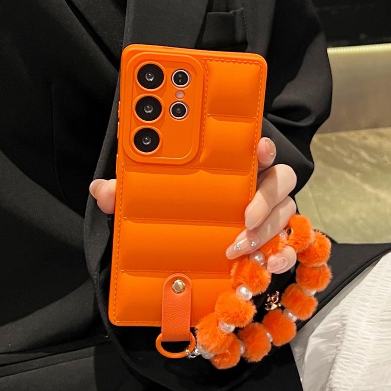 Pearl Wrist Chain Down Jacket Case for Samsung Galaxy S2 S26 Ultra S24 S23 Plus S22 S21 FE A A16 A6 Lanyard Cover