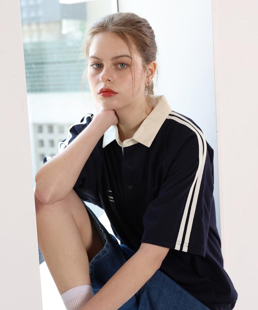 GHOST REPUBLIC Rugby Collared Short Sleeve T-Shirt Gt-372_Navy