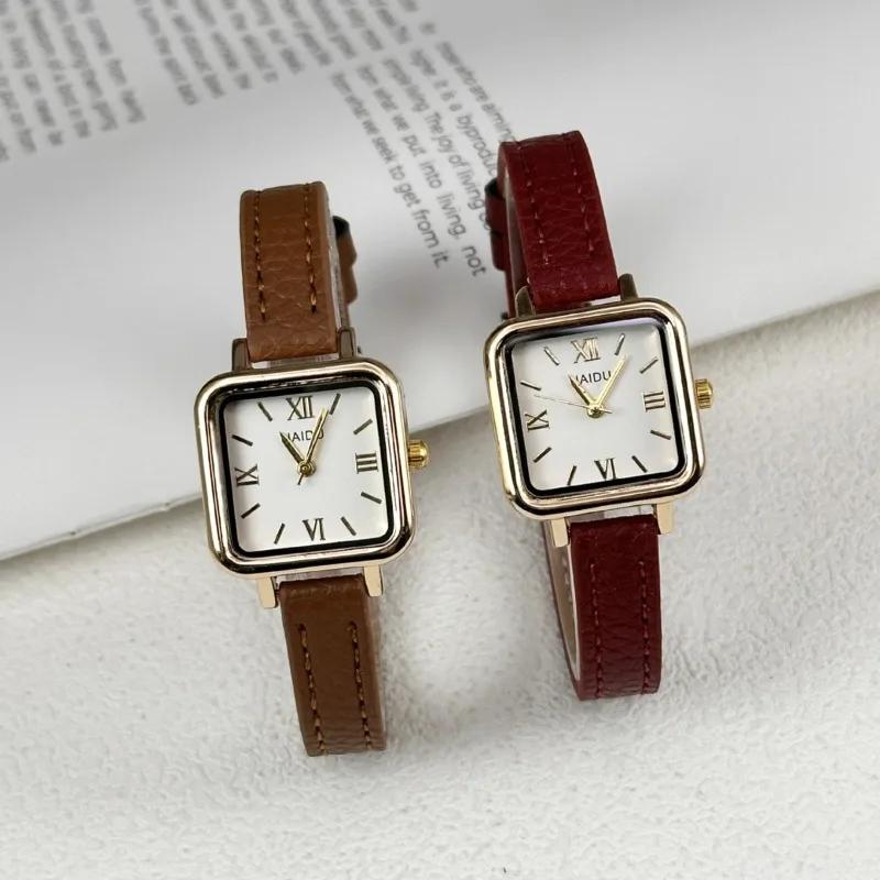 Dropshipping Women Quartz Watch Vintage Small Square Watch Famous Brand Luxury Gift Ladies Clock Red Leather Strap Wristwatches