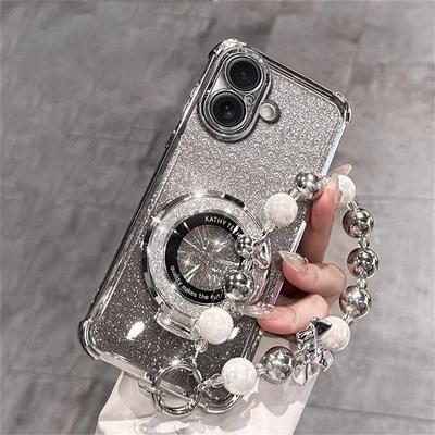 Shockproof Plating For Magsafe Bracket Bead Bracelet Case For Xiaomi Redmi Note 14 15 Pro Plus 15 15C 14C 14S 5G Glitter Cover