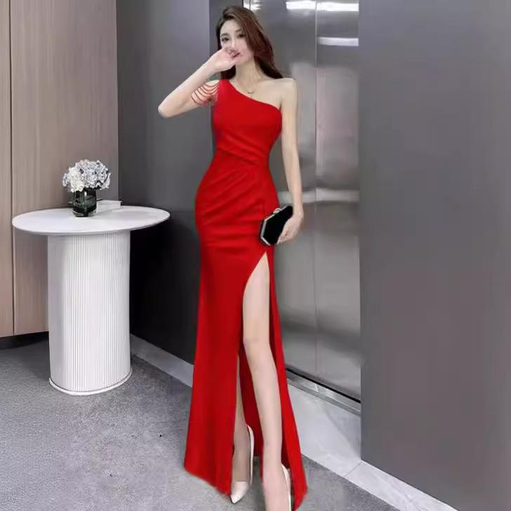 Single Shoulder Evening Dress New Light Luxury Niche High Sense Hosting Performance Clothes Banquet Split Fork Long Dress