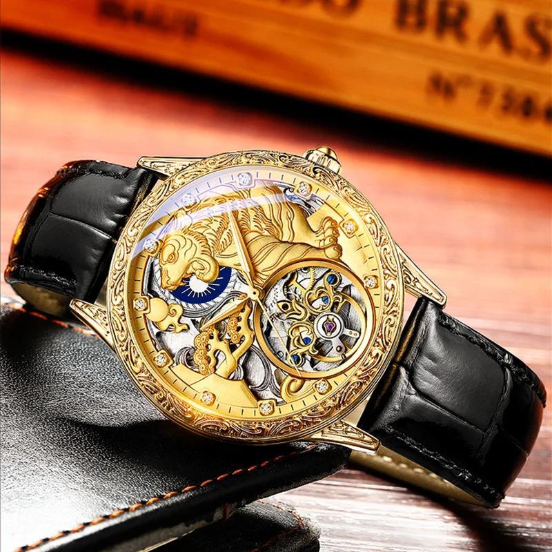Chenxi Vintage-Armbanduhr mit Lederband, Luxus-Tourbillon, mechanische Uhr für Herren, wunderschöne, ausgehöhlte Skelettmuster, geschnitzte Automatikuhren