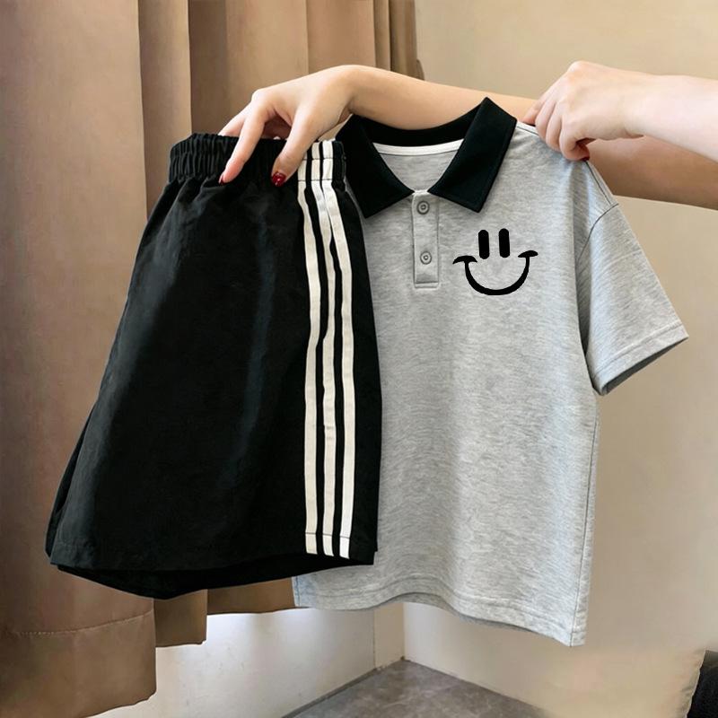 Girls' Trendy Patchwork Lapel T-Shirt & Polo Set - Short-Sleeve, Medium/Large, Versatile Two-Piece Summer Outfit