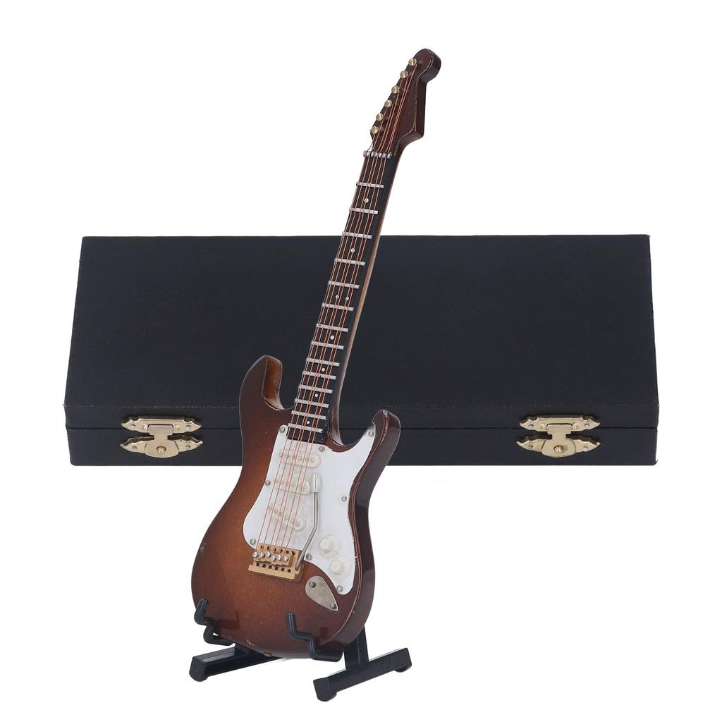 Miniature Electric Guitar Coffee Color 7.1in Long Wood Coated Surface Mini Guitar Model with Holder