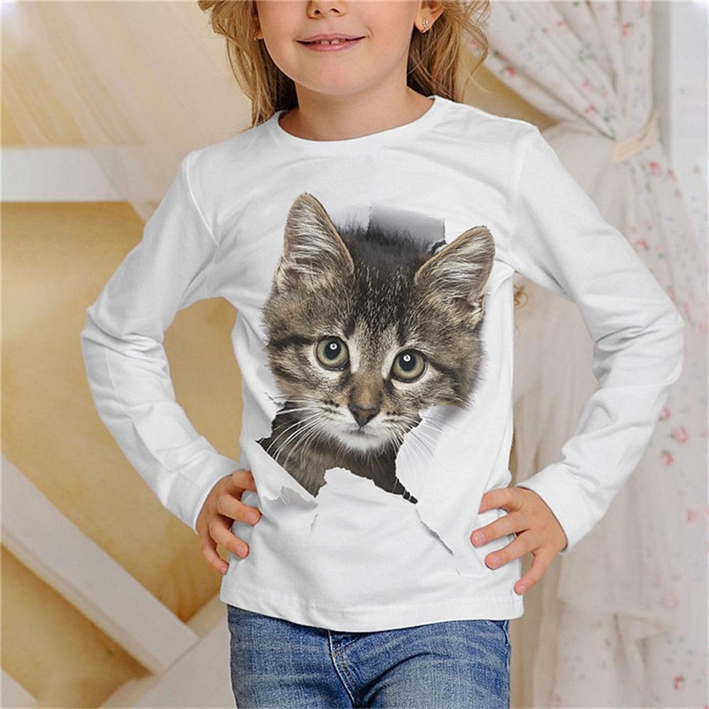 Spring and Autumn Round Neck 3D Cartoon Animal Cat Dog Printed Top Fashionable Casual Long Sleeved Children's Girl T-shirts