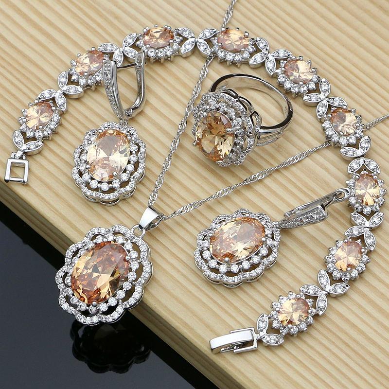 

925 Sterling Silver Bridal Jewelry Sets Champagne CZ for Women Earrings Indian Jewelry Birthday Gift 6