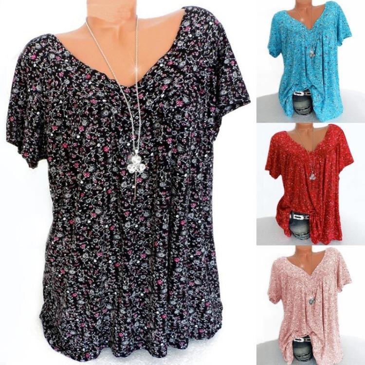 Plus Size Women Summer Casual Loose V Neck Printed Short Sleeve T Shirt Top