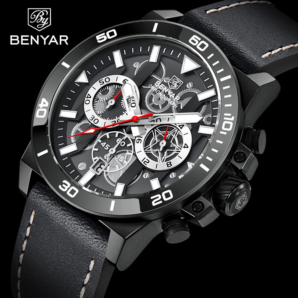 BENYAR Men's Quartz Watch Sapphire Chronograph Waterproof Clock Leather Simple Relogio Masculino Watches BY5197