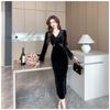 Primavera Otoño Cuello en V Elegante Moda Terciopelo Vestido Negro Mujer Manga Larga Temperamento Cintura Bata Vestidos