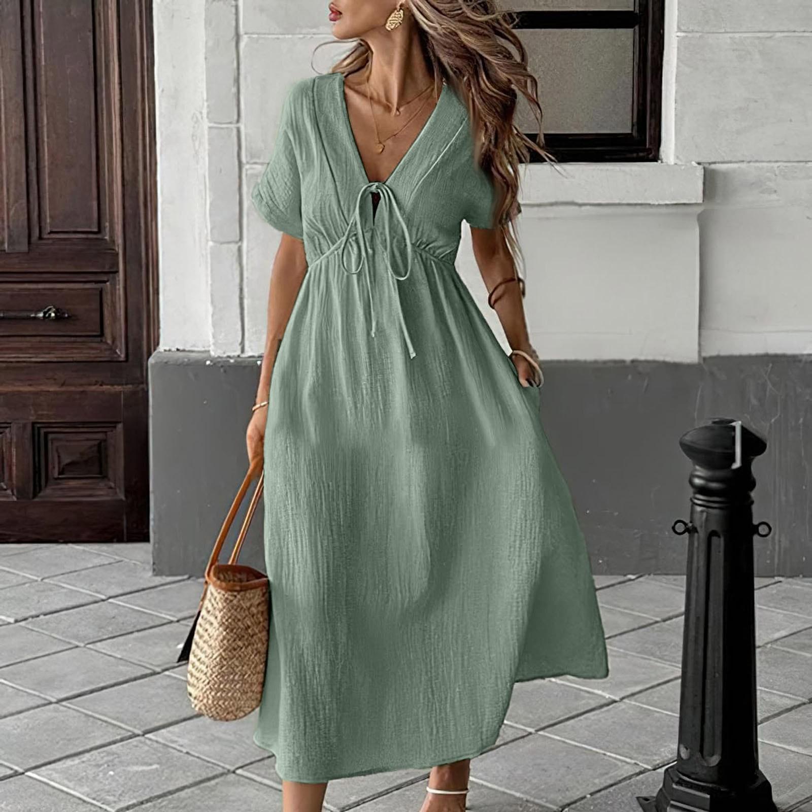 

Женское свободное повседневное платье с V-образным вырезом и короткими рукавами, удобное однотонное платье с эластичной талией XXL