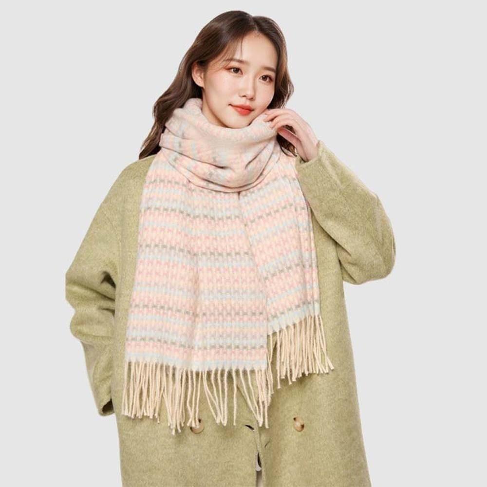 Anti-cold Knitted Wool Shawl Contrast Color Long Neckscarf with Tassel Dopamine Plaid Scarf  Winter